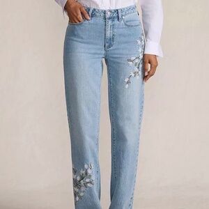 Lands End Denim Mid Rise Relaxed Straight Leg Embroidered Jeans